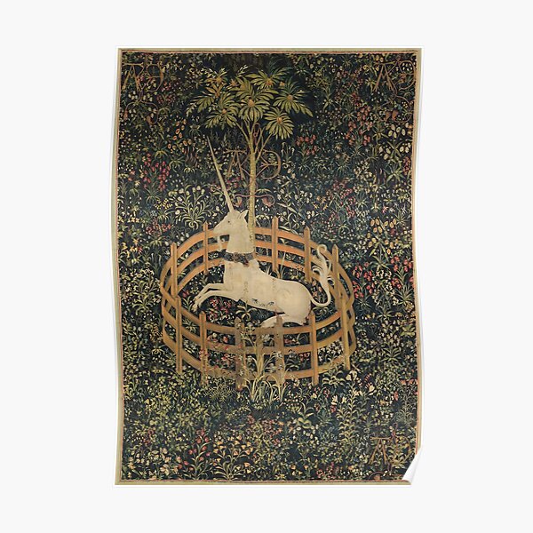Medieval Unicorn In Captivity Floral Tapestry Poster