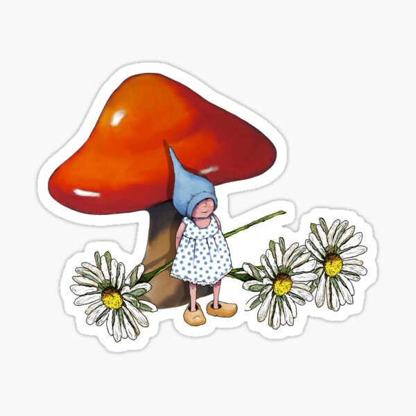 Red Toadstool with Little Gnome Girl and Daisies Sticker