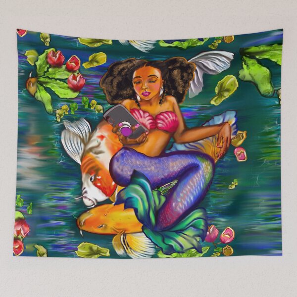 Item preview, Mermaid checking her phone with Koi fish in koi pond with plants and flowers designed and sold by Artonmytee.