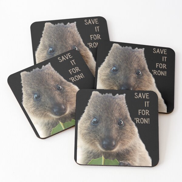 Item preview, Save it for 'ron (later on). Photograph of a quokka, black background, light colour text. designed and sold by JellyBeenzz.