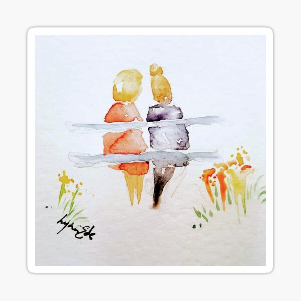 Friends on the Bench, watercolour, art, Lynn Ede, mugs, masks, prints Sticker