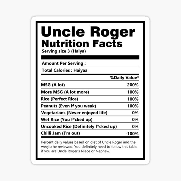 Nutrition Facts Uncle Roger Sticker