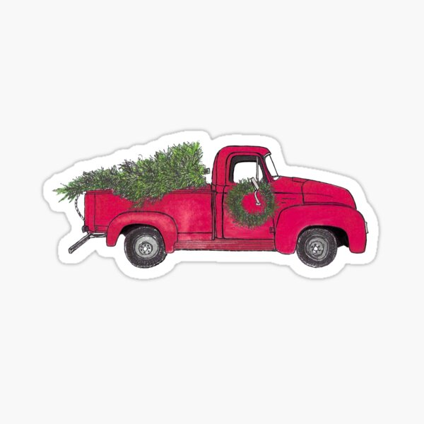 Old Red Truck with Christmas tree Sticker