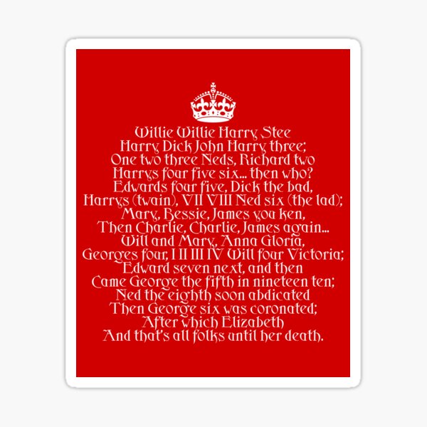 English / British Monarchs Mnemonic - Kings and Queens Rhyme to Remember Sticker