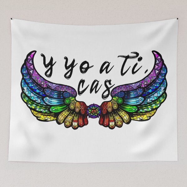 Item preview, Destiel DeanCas Spanish Wings "y yo a ti" (Stained Glass Rainbow SHADED) Black designed and sold by MinaMonsterMash.