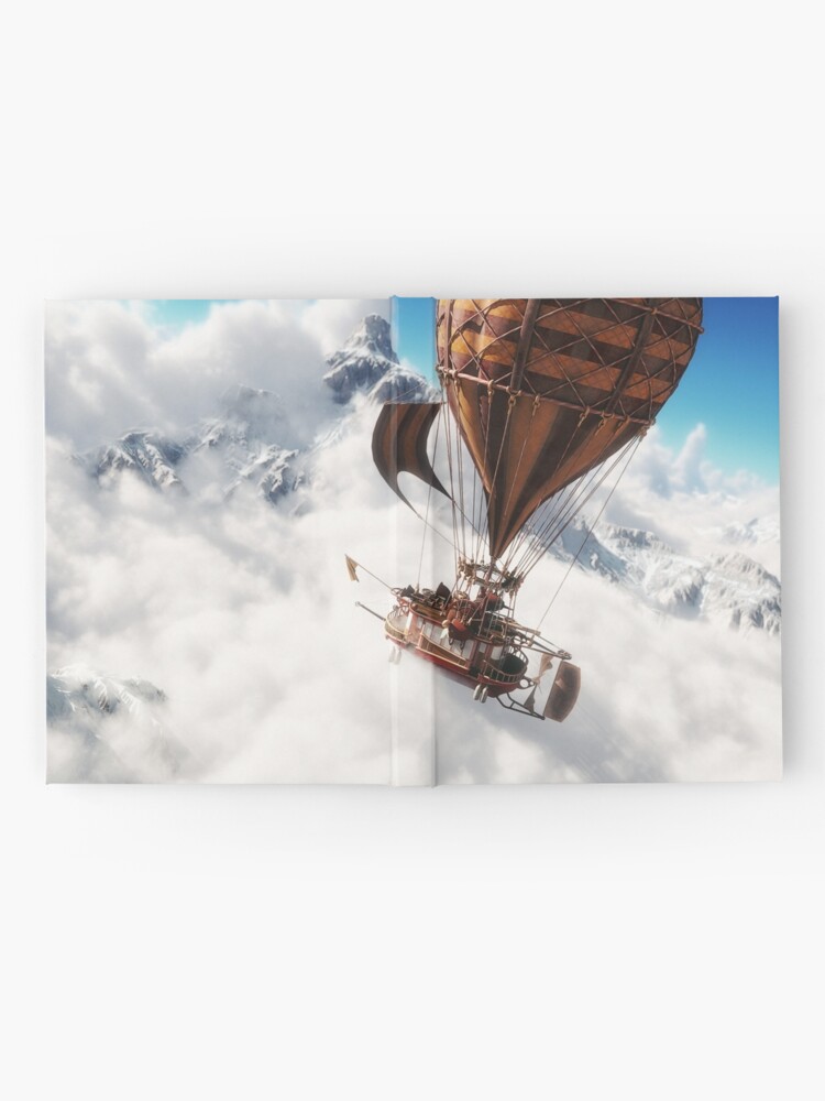 Fantasy concept of a steam powered balloon craft airship sailing through a  sea of clouds with snow cap mountains in background. | Hardcover Journal