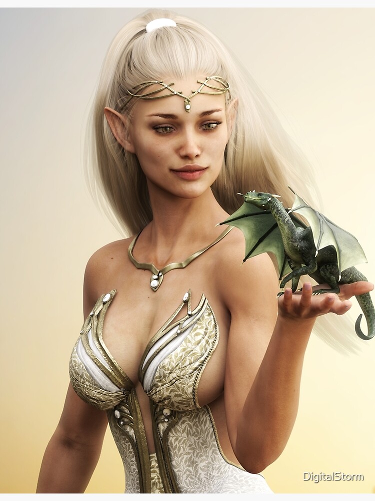 Lámina fotográfica for Sale con la obra «Retrato de una mujer elfa de los  bosques de fantasía con largo cabello dorado y su mítico dragón verde.» de  DigitalStorm
