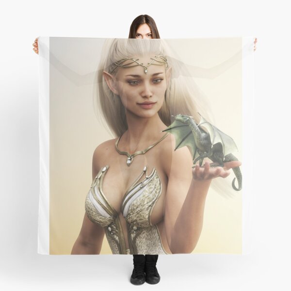 Item preview, Portrait of a fantasy wood elf female with long golden flowing hair and her mythical green dragon . designed and sold by DigitalStorm.