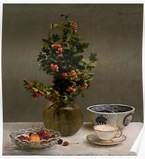 Henri Fantin-Latour - Still Life with Vase of Hawthorn, Bowl of Cherries, Japanese Bowl, and Cup and Saucer 1872 Poster