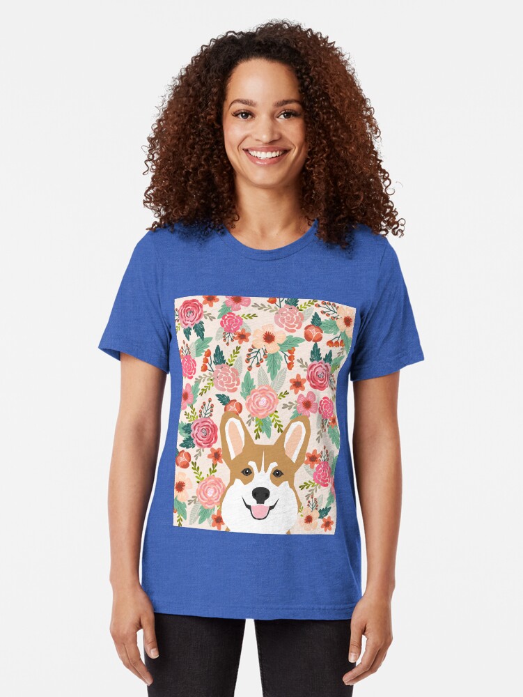 Alternate view of Welsh Corgi florals spring flowers summer garden nature bloom corgi pet portrait gift for corgi owner must haves Tri-blend T-Shirt