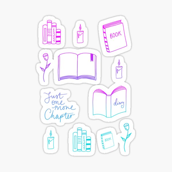 Books, Candles and Roses Pattern (Gradient Pink, Purple, Turquoise) Sticker