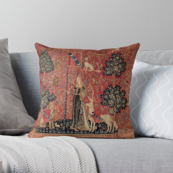 Medieval Unicorn Floral Tapestry Throw Pillow