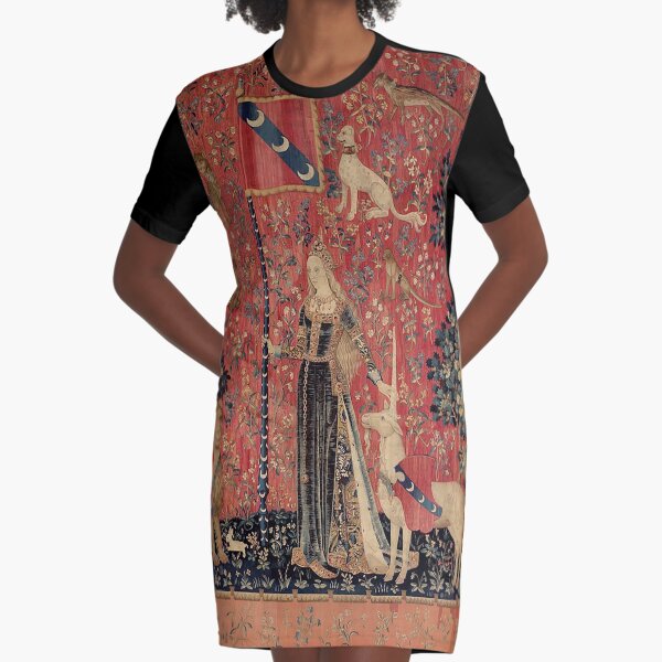 Medieval Unicorn Floral Tapestry Graphic T-Shirt Dress