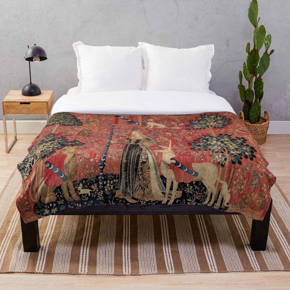 Medieval Unicorn Floral Tapestry Throw Blanket
