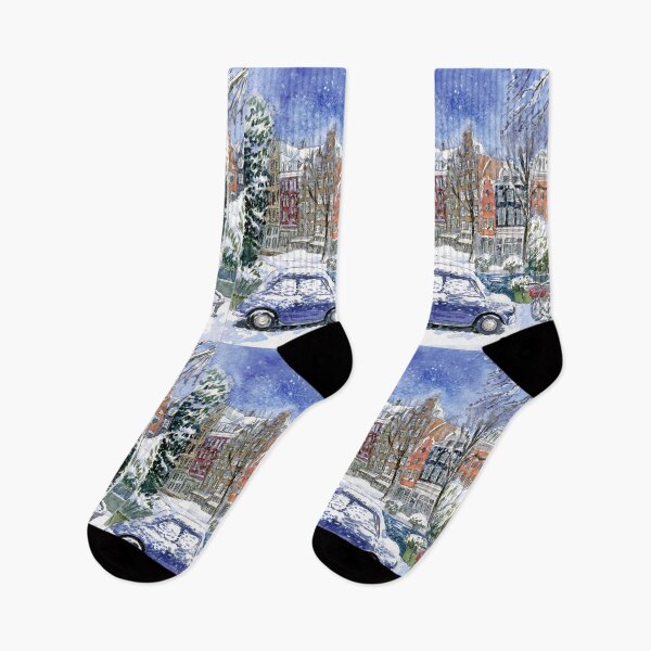 Item preview, Winter Snowy Amsterdam Retro Car and Bicycle designed and sold by Colibri77.