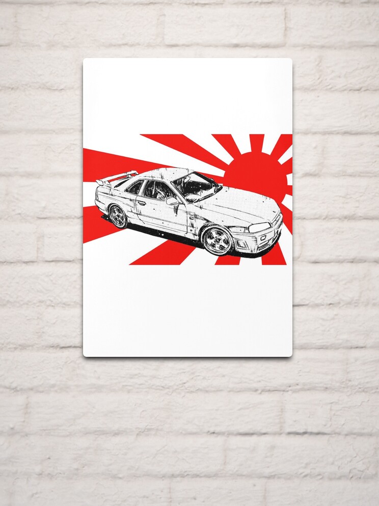 Impression métallique for Sale avec l'œuvre « Nissan GTR R34 Skyline Manga  Soleil Levant » de l'artiste GeeknGo