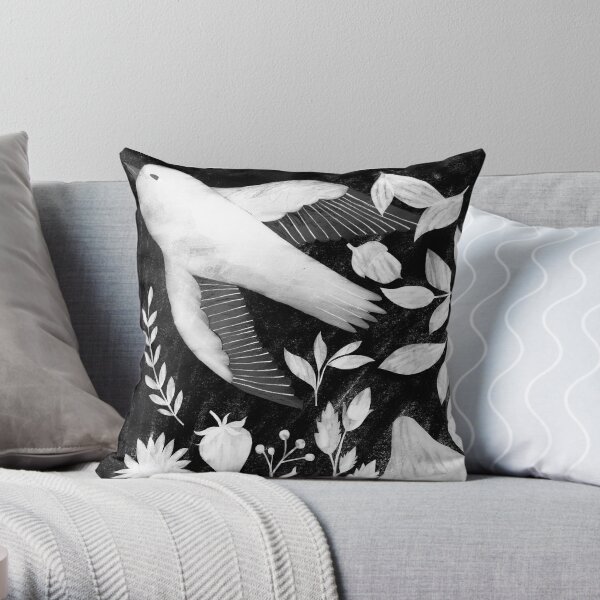 black and white bird, plants and mushrooms illustration Throw Pillow
