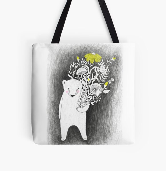 polar bear with plants illustration in gray and bright yellow All Over Print Tote Bag