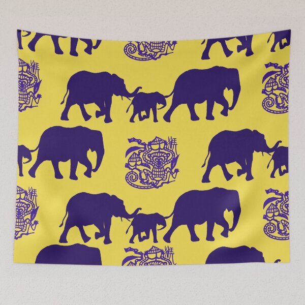 Item preview, Elephant Family and Monkey in Blue on Yellow designed and sold by AlteredAtelier.