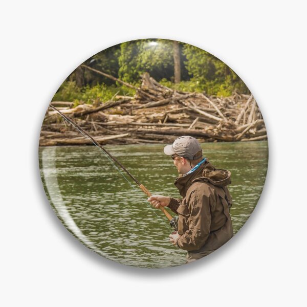 Item preview, A man hooked into a fish while fly fishing on a deep green river. designed and sold by SnapTPhotograph.