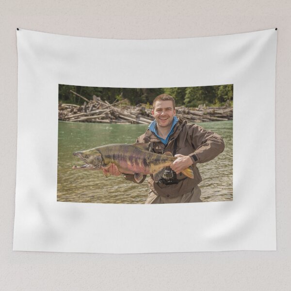 Item preview, A happy sport fisherman holding up a big trophy Chum Salmon designed and sold by SnapTPhotograph.