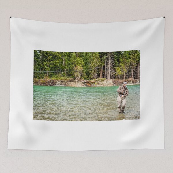 Item preview, A sport fly fisherman hooked into a salmon on a river in British Columbia designed and sold by SnapTPhotograph.