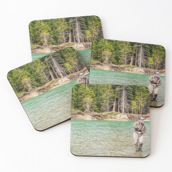 Item preview, A sport fly fisherman hooked into a salmon on a river in British Columbia designed and sold by SnapTPhotograph.