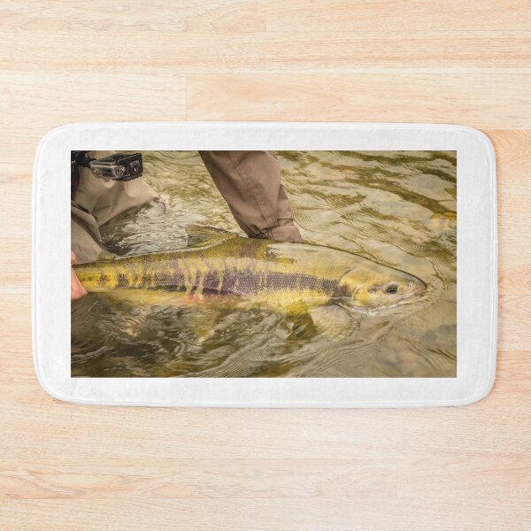 Item preview, A Chum salmon about to be released back into the river by a fisherman designed and sold by SnapTPhotograph.