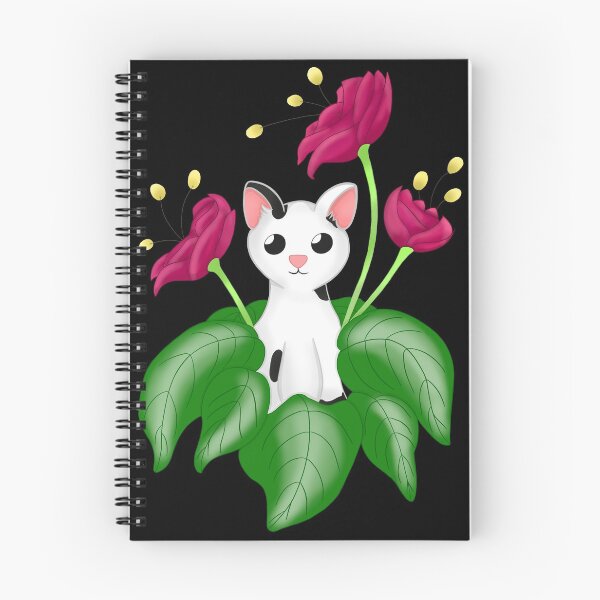 Aperçu de l'œuvre Chat entre les fleurs. Chat noir et blanc avec des fleurs roses et des feuilles vertes créée et vendue par LufikamiDesign.