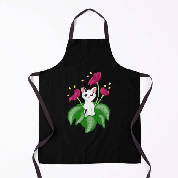 Aperçu de l'œuvre Chat entre les fleurs. Chat noir et blanc avec des fleurs roses et des feuilles vertes créée et vendue par LufikamiDesign.