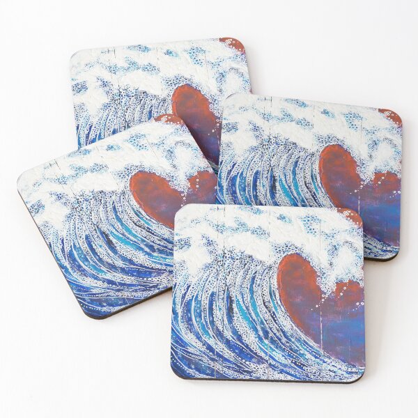 Item preview, Wave Painted on Wood Acrylic Blue White on Orange Sky designed and sold by studioroya.
