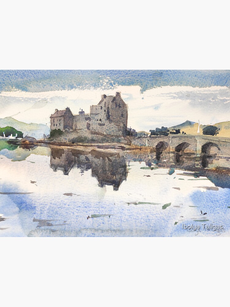 Watercolour landscape painting - EILEAN DONAN Castle - building reflecting  in water - light and shadow Sticker for Sale by Ibolya Taligas