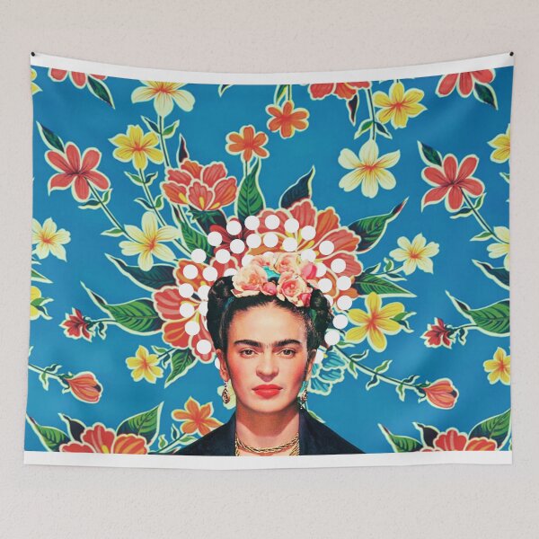 Item preview, Frida Kahlo print, flowers, color on blue Mexican tablecloth designed and sold by Adriana C (All about Frida).