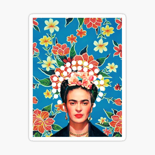 Frida Kahlo print, flowers, color on blue Mexican tablecloth Sticker
