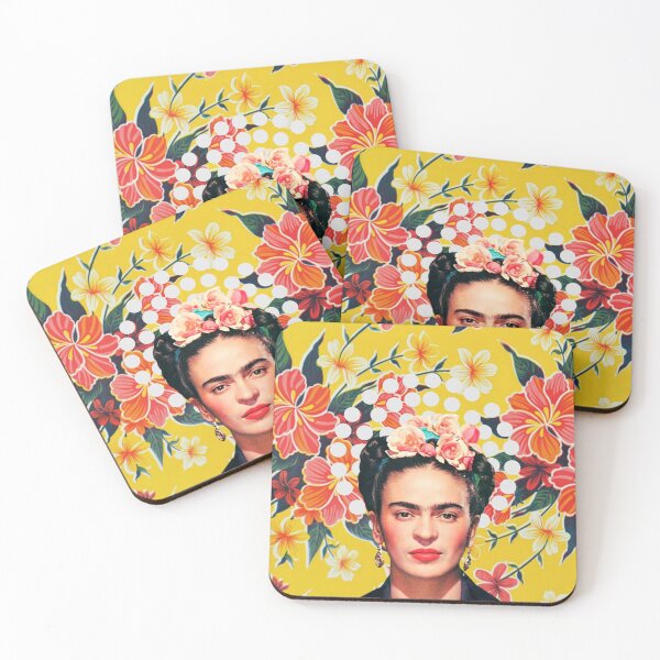 Item preview, Frida Kahlo print, flowers, color on ocher Mexican tablecloth designed and sold by Adriana C (All about Frida).