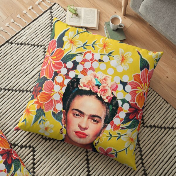 Imprimé Frida Kahlo, fleurs, couleur sur nappe mexicaine ocre Coussin de sol