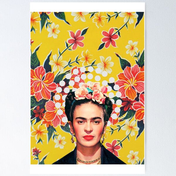 Item preview, Frida Kahlo print, flowers, color on ocher Mexican tablecloth designed and sold by Adriana C (All about Frida).