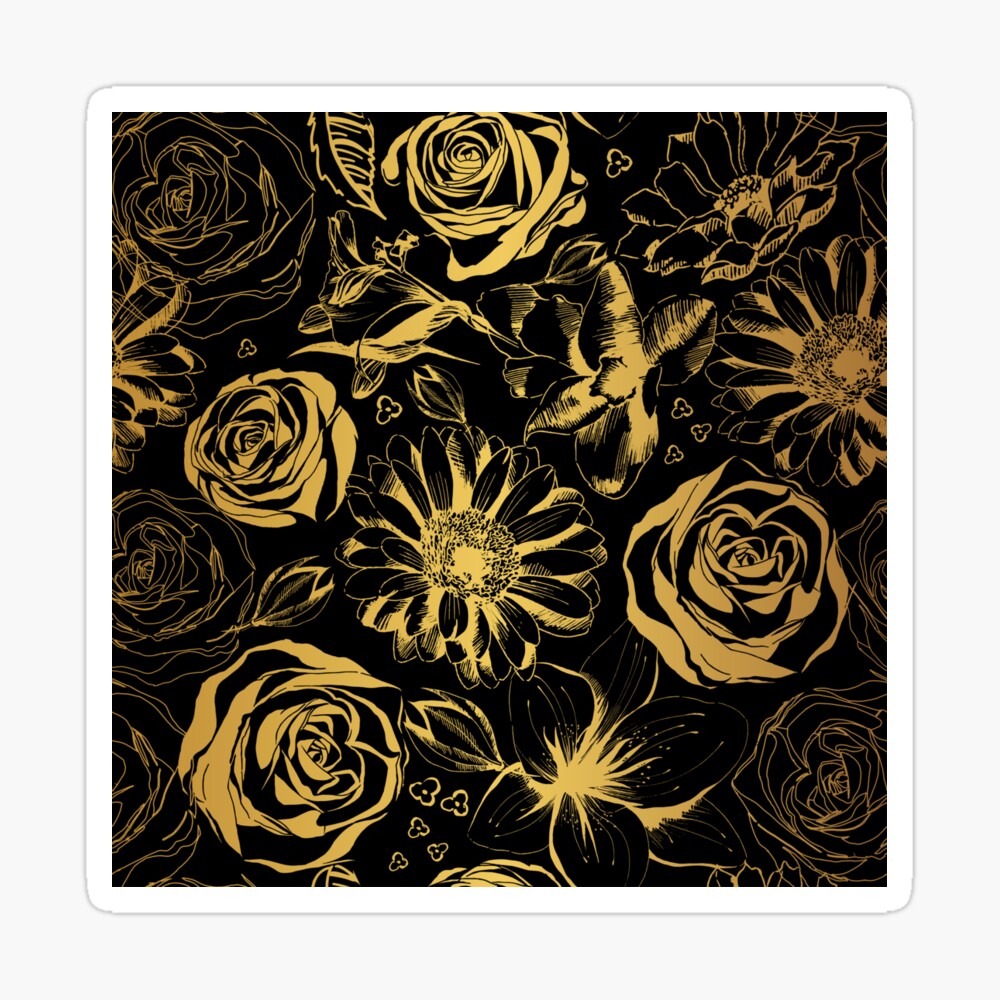 Elegant black background with gold flowers. 