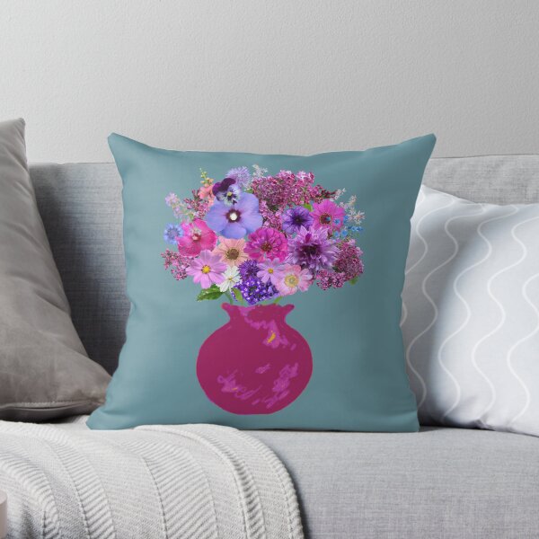 Magenta vase still life on seaglass blue by Tea with Xanthe Throw Pillow
