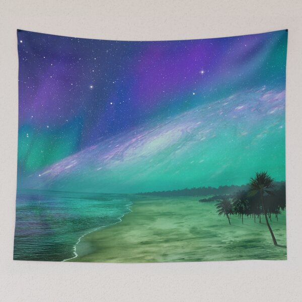 Item preview, Fantasyland Beach, galactic sky, Neon green Aurora borealis, bestseller tapestry designed and sold by August-E.