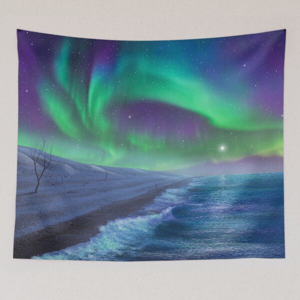 Item preview, Where Desert meets Sea, Fantasyland Coastline, galactic sky, Neon green Aurora borealis, bestseller tapestry designed and sold by August-E.