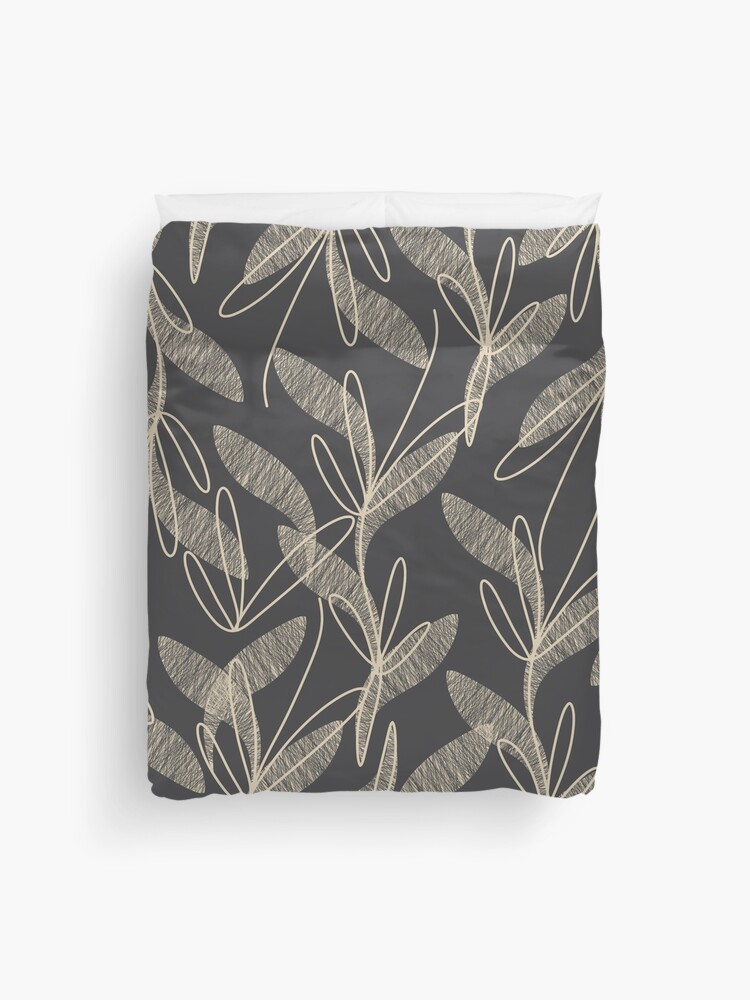 Thumbnail 1 of 2, Duvet Cover, Mid Century Modern Botanical Pattern in Beige and Charcoal Grey designed and sold by kierkegaard.