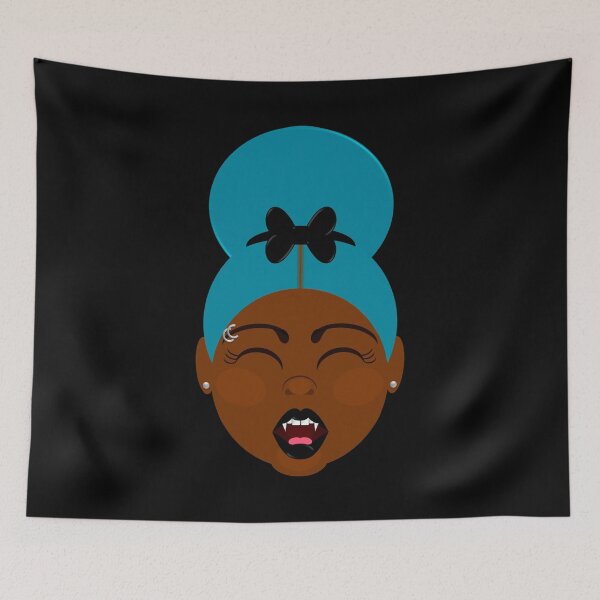 Item preview, Afrogoth Vampire Girl Wearing Teal Hair Bun with Black Bow and Eyebrow Piercings designed and sold by Sheila Pressley.