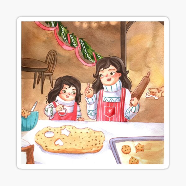 Mom and Daughter Baking Cookies for Santa Christmas Watercolor Art Sticker