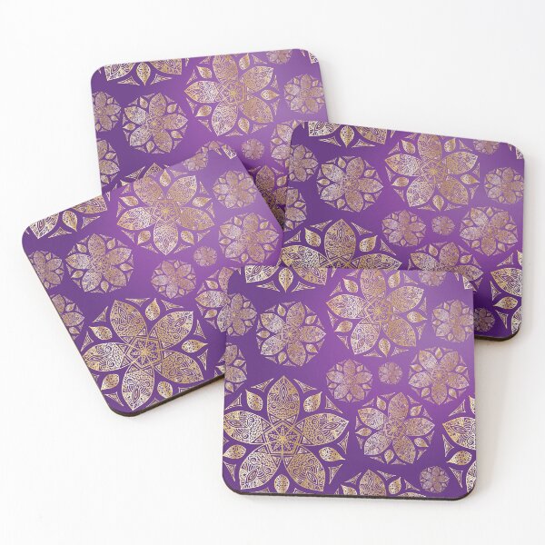 Item preview, Gold Five Petal Flower Mandala and Leaves Floral Pattern on Purple Ombre designed and sold by Karen McFarland.