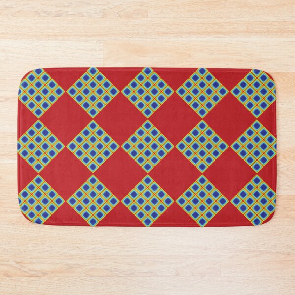 Blue, yellow and red repeat pattern. Bath Mat