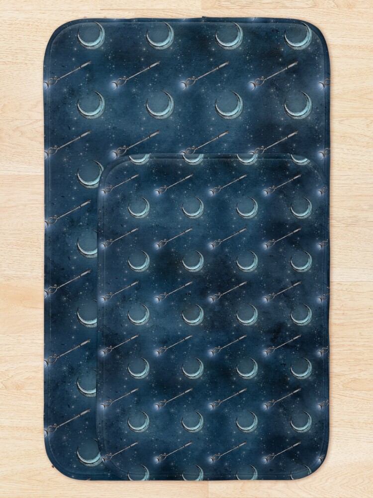 "Crescent moons and magic staffs on a green background" Bath Mat by