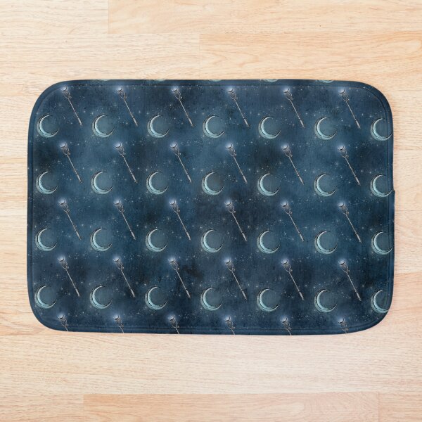 "Crescent moons and magic staffs on a green background" Bath Mat by