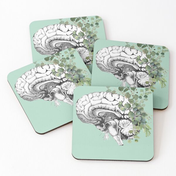 Item preview, Human brain illustration with eucaliptus leaves, brain art, psychology vintage style designed and sold by Collagedream.