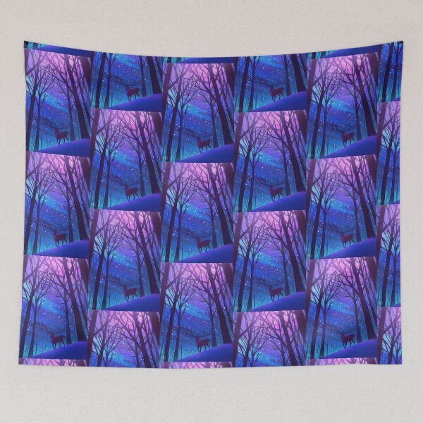 Item preview, Blue pink red sky with deer Lost in woods designed and sold by DijaOutlet.